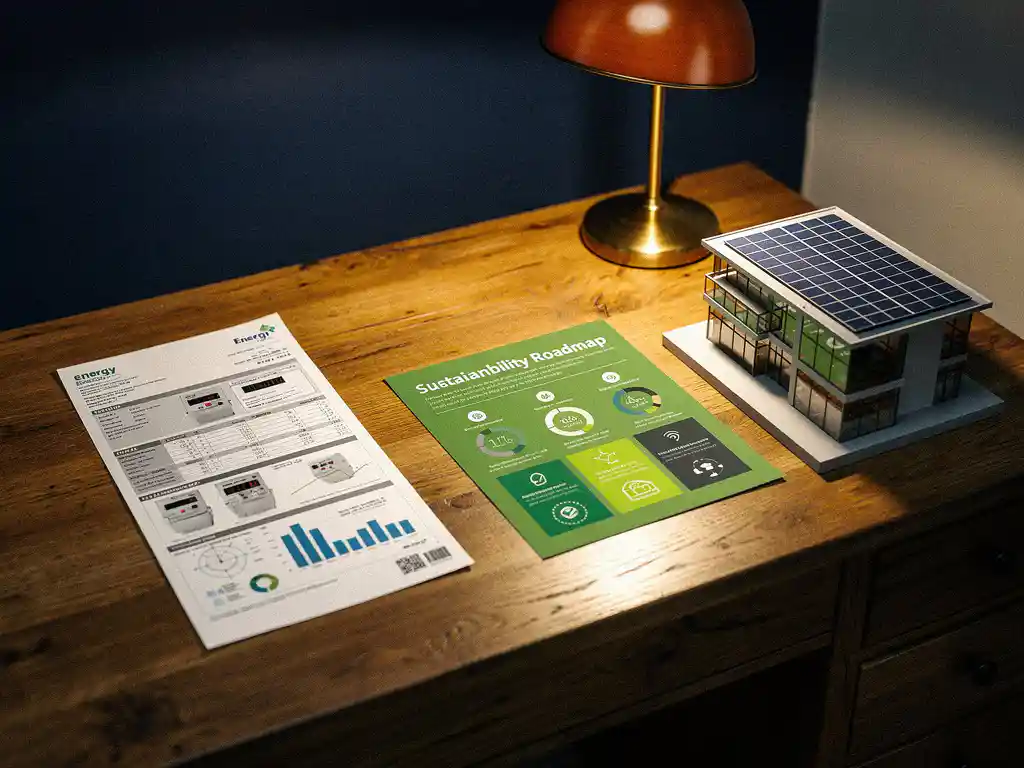 Eiken bureau met energierekening en elektriciteitsmeter naast groen duurzaamheidsplan en architectuurmodel van kantoorgebouw met zonnepanelen.