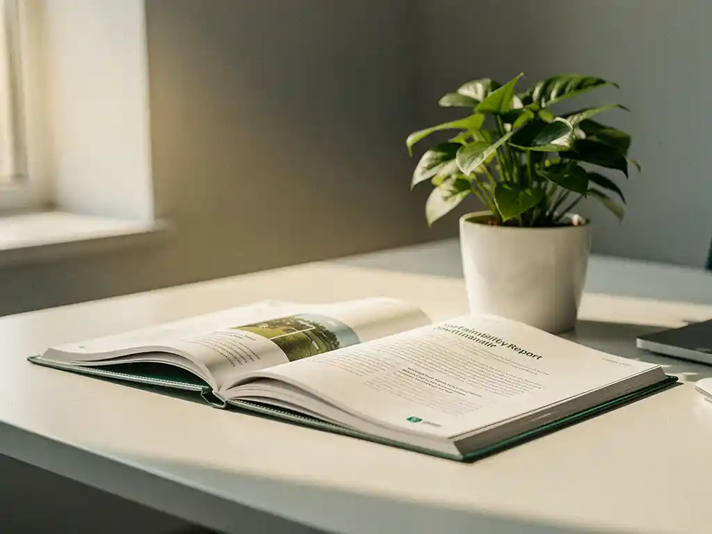 Open duurzaamheidsrapport op zakelijk bureau naast een groene plant, verlicht door natuurlijk daglicht.