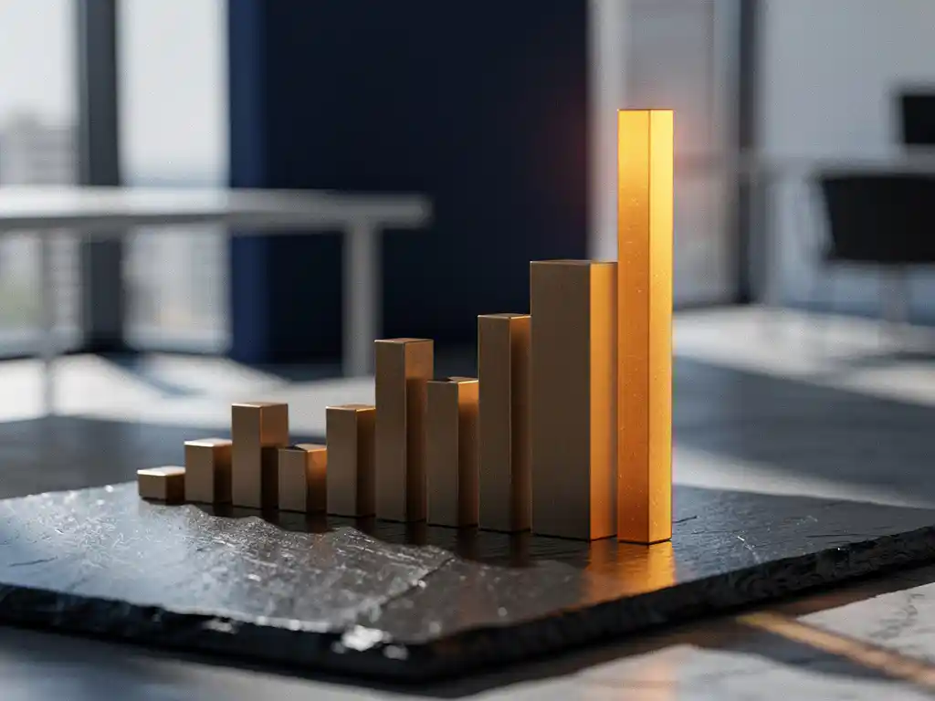 Bronzen staafjes van variërende hoogte op donker leisteen symboliseren schommelende energieprijzen, met één gloeiende amber staaf die uitsteekt.