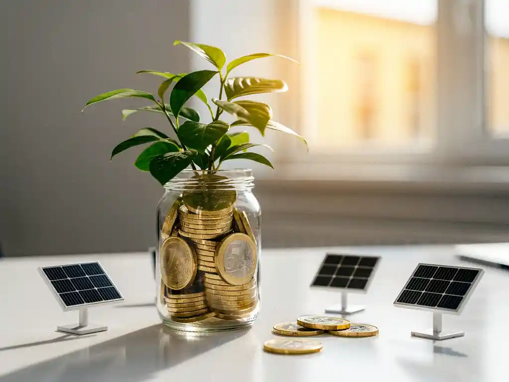 Groene plant groeit uit glazen pot met euromunten, omringd door zonnepaneelmodellen op wit bureau in warm zonlicht.