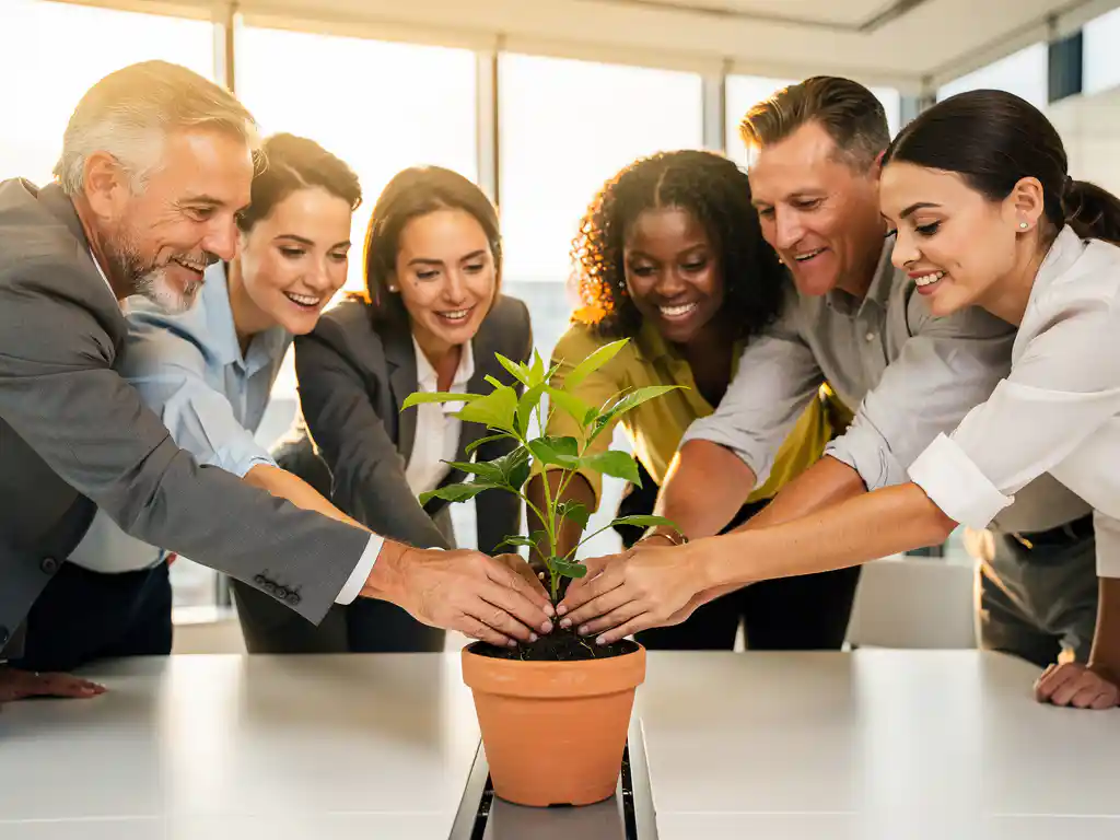 Diverse collega's planten samen een groen zaailing in een terracotta pot op een moderne vergadertafel, natuurlijk licht door grote ramen.