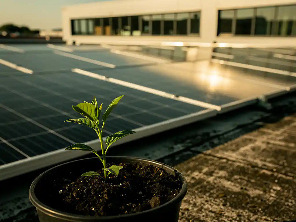 Zonnepanelen op industrieel dak met groen zaailing in donkere aarde op de voorgrond, Nederlands bedrijfsgebouw op de achtergrond.